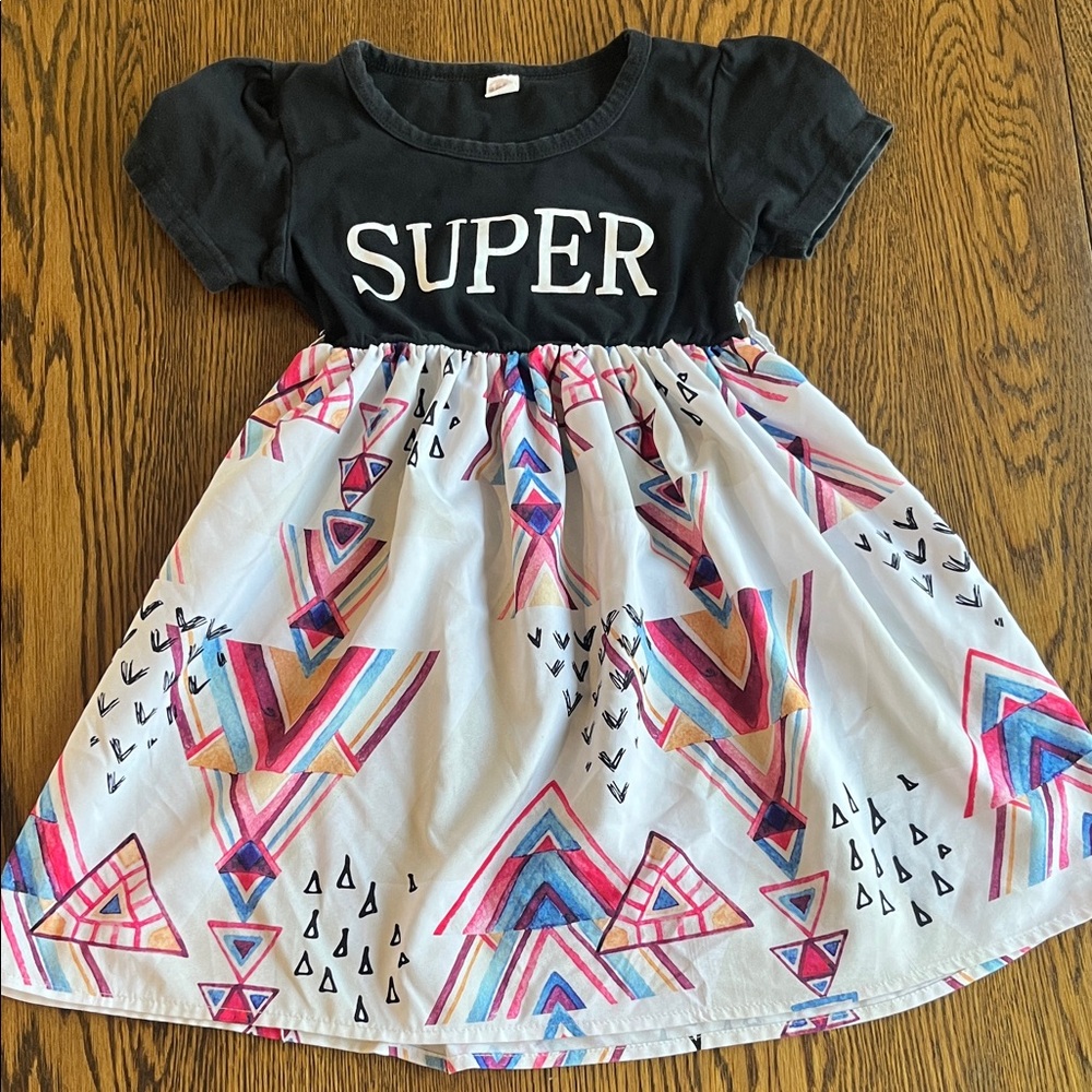 Kids "SUPER" Black & White Geometric Print Dress